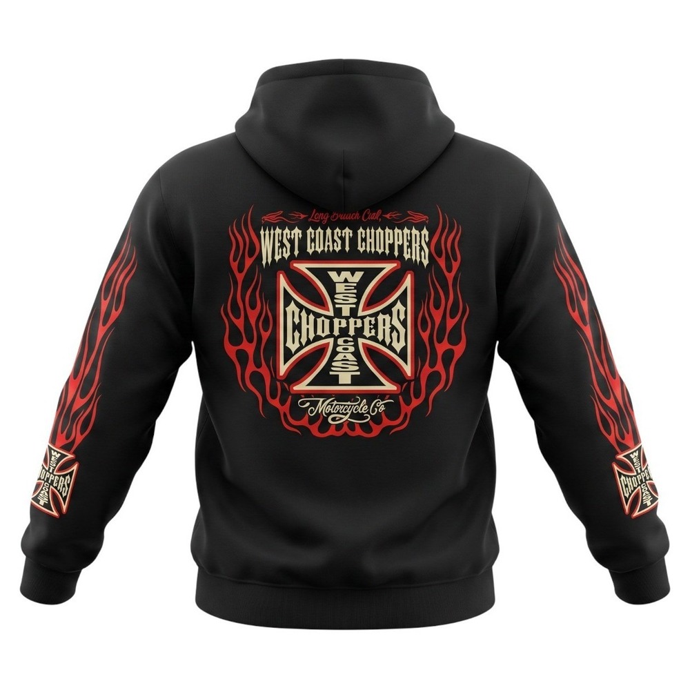 West Coast Choppers Hoodie Flame Graphic Biker M XL Black Iron Cross Excellent